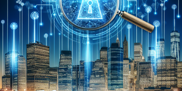 "AI技術を用いて金融業界の不正検出を革新する例を示した図解。AIアルゴリズムがデータ分析を行い、不正取引をリアルタイムで特定する様子を視覚的に表現。"