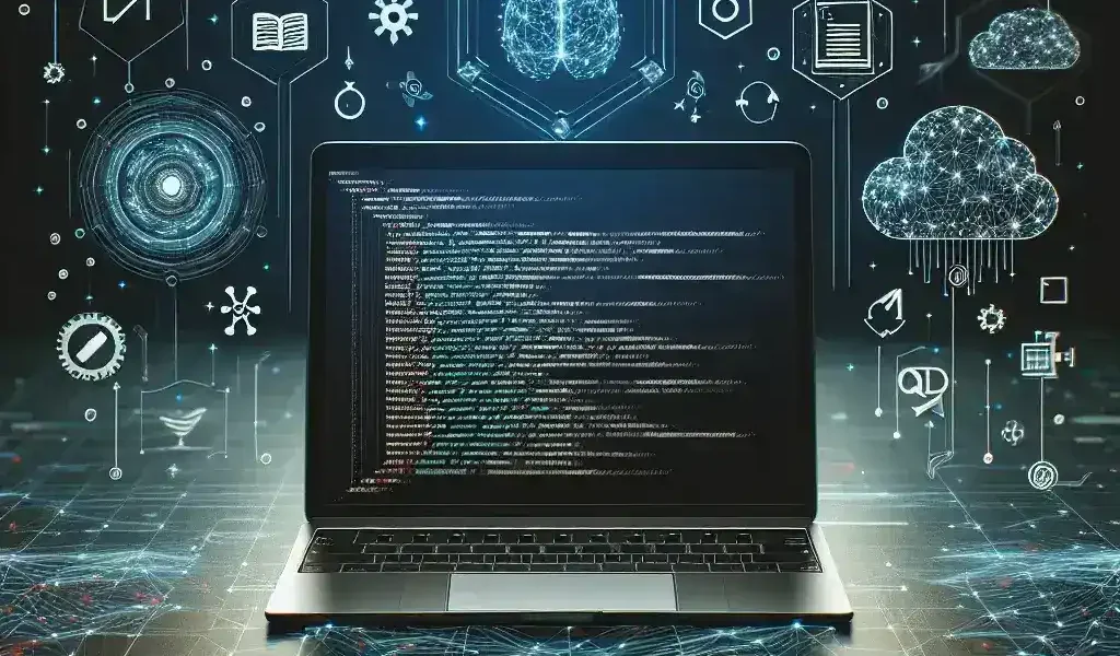 "ノートパソコンでスマート開発環境を構築する開発者の様子：コード作成、AI活用、デプロイメントプロセスに焦点を当てた画像"