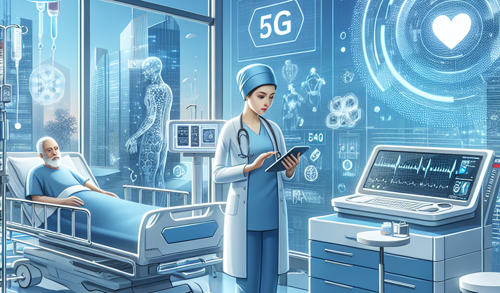 "5G技術が遠隔医療の進化を加速させる可能性を示すグラフィック。5Gネットワークのアイコンと医療従事者が患者と接続している様子を描写。遠隔医療の発展と技術革新をテーマにした画像。"