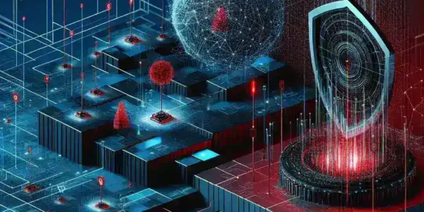 "サイバーセキュリティの課題に直面する重要インフラの保護に関連する画像、ハイテクな防御システムとデジタルネットワークが描かれたビジュアル。重要インフラを守るためのサイバーセキュリティ戦略の重要性を強調。"