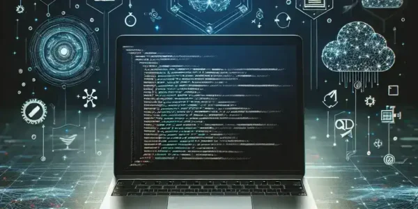 "ノートパソコンでスマート開発環境を構築する開発者の様子：コード作成、AI活用、デプロイメントプロセスに焦点を当てた画像"
