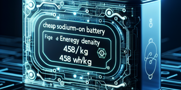 "安価なナトリウムイオン電池のエネルギー密度458 Wh/kgを示す画像 - 革新的技術と持続可能な未来を象徴するビジュアル"