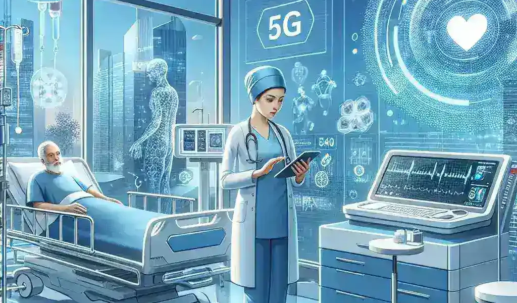 "5G技術が遠隔医療の進化を加速させる可能性を示すグラフィック。5Gネットワークのアイコンと医療従事者が患者と接続している様子を描写。遠隔医療の発展と技術革新をテーマにした画像。"