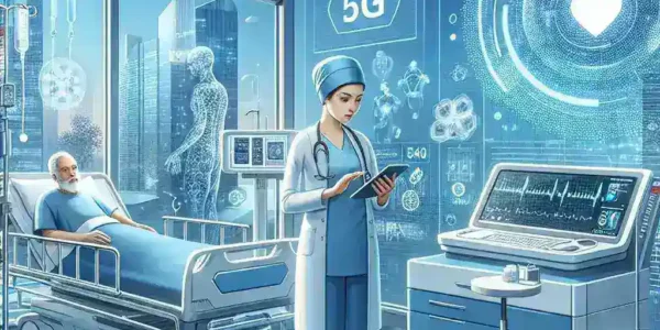 "5G技術が遠隔医療の進化を加速させる可能性を示すグラフィック。5Gネットワークのアイコンと医療従事者が患者と接続している様子を描写。遠隔医療の発展と技術革新をテーマにした画像。"