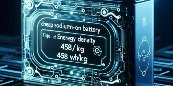 "安価なナトリウムイオン電池のエネルギー密度458 Wh/kgを示す画像 - 革新的技術と持続可能な未来を象徴するビジュアル"