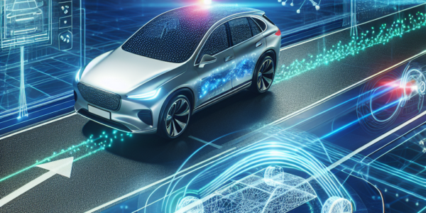 "自動運転車の安全性向上に向けた最新技術を示す画像 - 自動運転車が先進のセンサー技術とAIアルゴリズムを用いて安全に走行する様子"