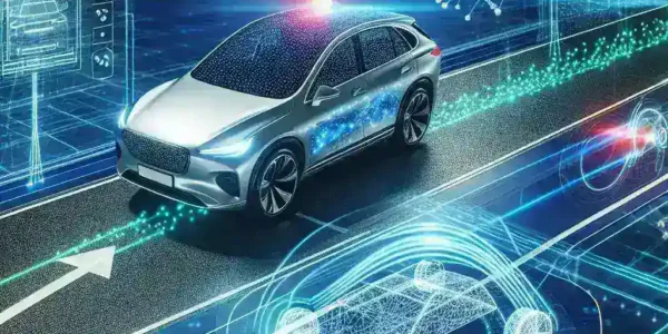 "自動運転車の安全性向上に向けた最新技術を示す画像 - 自動運転車が先進のセンサー技術とAIアルゴリズムを用いて安全に走行する様子"