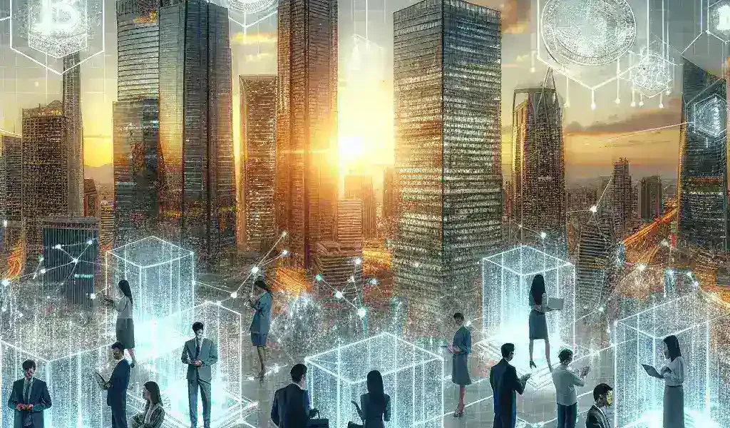 "ブロックチェーン技術が金融業界に与える影響を示すビジュアル：金融取引の透明性と効率性向上を表現したグラフィック"