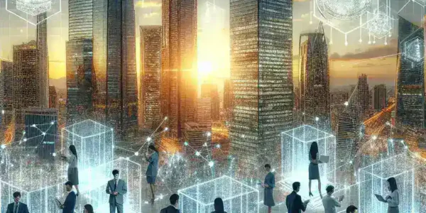 "ブロックチェーン技術が金融業界に与える影響を示すビジュアル：金融取引の透明性と効率性向上を表現したグラフィック"