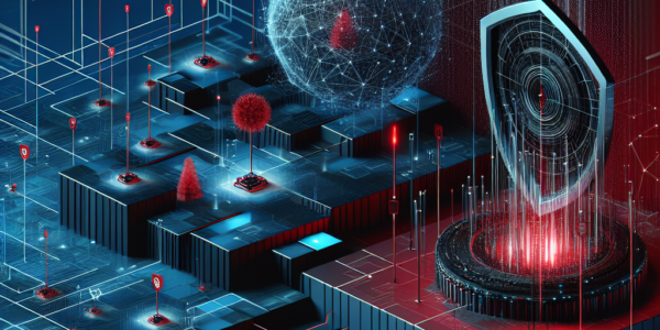 "サイバーセキュリティの課題に直面する重要インフラの保護に関連する画像、ハイテクな防御システムとデジタルネットワークが描かれたビジュアル。重要インフラを守るためのサイバーセキュリティ戦略の重要性を強調。"